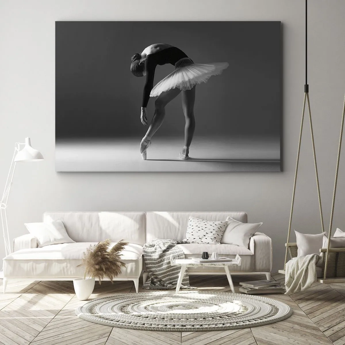 Bild auf Leinwand - Leinwandbild - Eine Ballerina in eleganter Pose vor schwarz-weißem Hintergrund - 120x80cm - Bella Ballerina - Moderne Wanddekoration für Wohnzimmer und Schlafzimmer ARTTOR