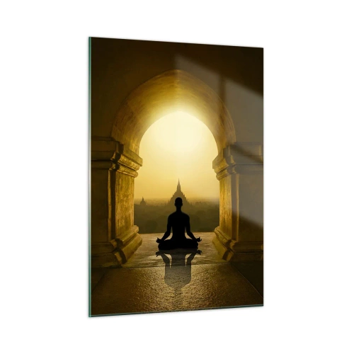 Glasbild - Bild auf glas - Silhouette einer meditierenden Person im Licht der untergehenden Sonne in einem architektonischen Bogen - 50x70cm - Vollkommene Harmonie - Moderne Wanddekoration für Wohnzimmer und Schlafzimmer ARTTOR