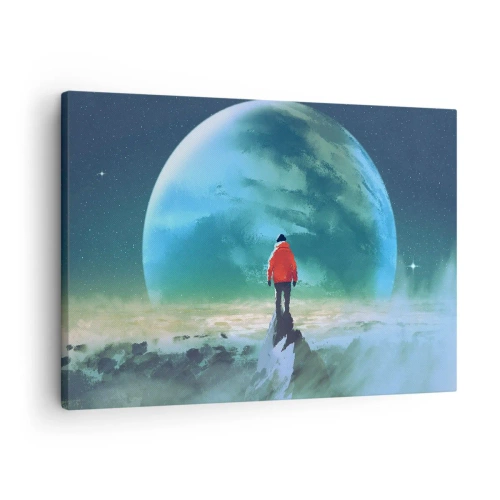 Bild auf Leinwand - Leinwandbild - Ein Mann in einer roten Jacke steht vor einem großen Planeten mit Sternen im Hintergrund. - 70x50cm - Entdecker des neuen Landes - Moderne Wanddekoration für Wohnzimmer und Schlafzimmer ARTTOR