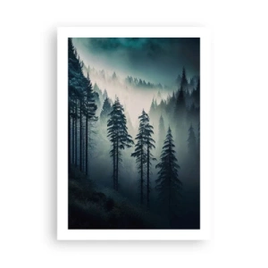 Poster - Ein dunkler Wald, in Nebel gehüllt - 50x70cm - Bergmorgen - Moderne Wanddekoration für Wohnzimmer und Schlafzimmer ARTTOR