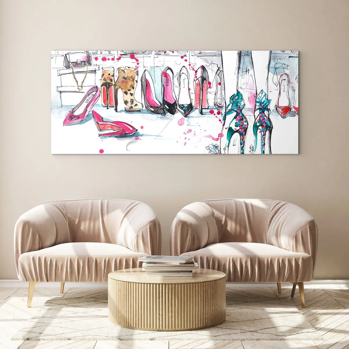 Glasbild - Bild auf glas - Künstlerische Grafiken mit High Heels und Accessoires - 140x50cm - Sesam, mach auf - Moderne Wanddekoration für Wohnzimmer und Schlafzimmer ARTTOR