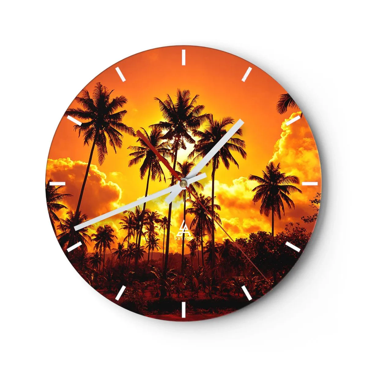 Wanduhr - Glasuhr - Palmen vor der Kulisse der untergehenden Sonne - 30x30cm - Berge brennen, Wälder brennen - Moderne Wanddekoration für Wohnzimmer, Küche und Schlafzimmer ARTTOR