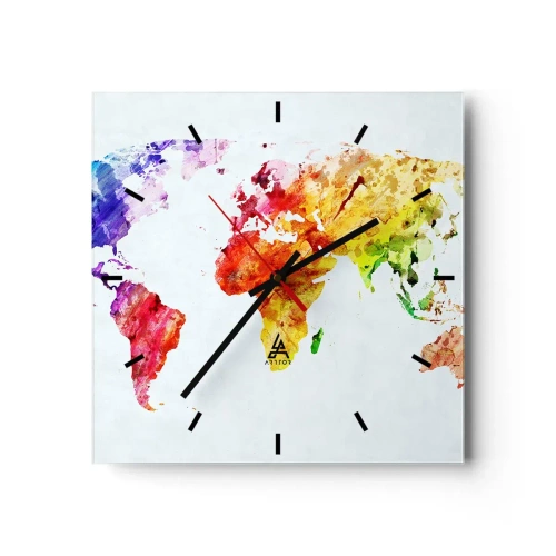 Wanduhr - Glasuhr - Bunte Aquarell-Weltkarte - 30x30cm - Alle Farben der Welt - Moderne Wanddekoration für Wohnzimmer und Schlafzimmer ARTTOR