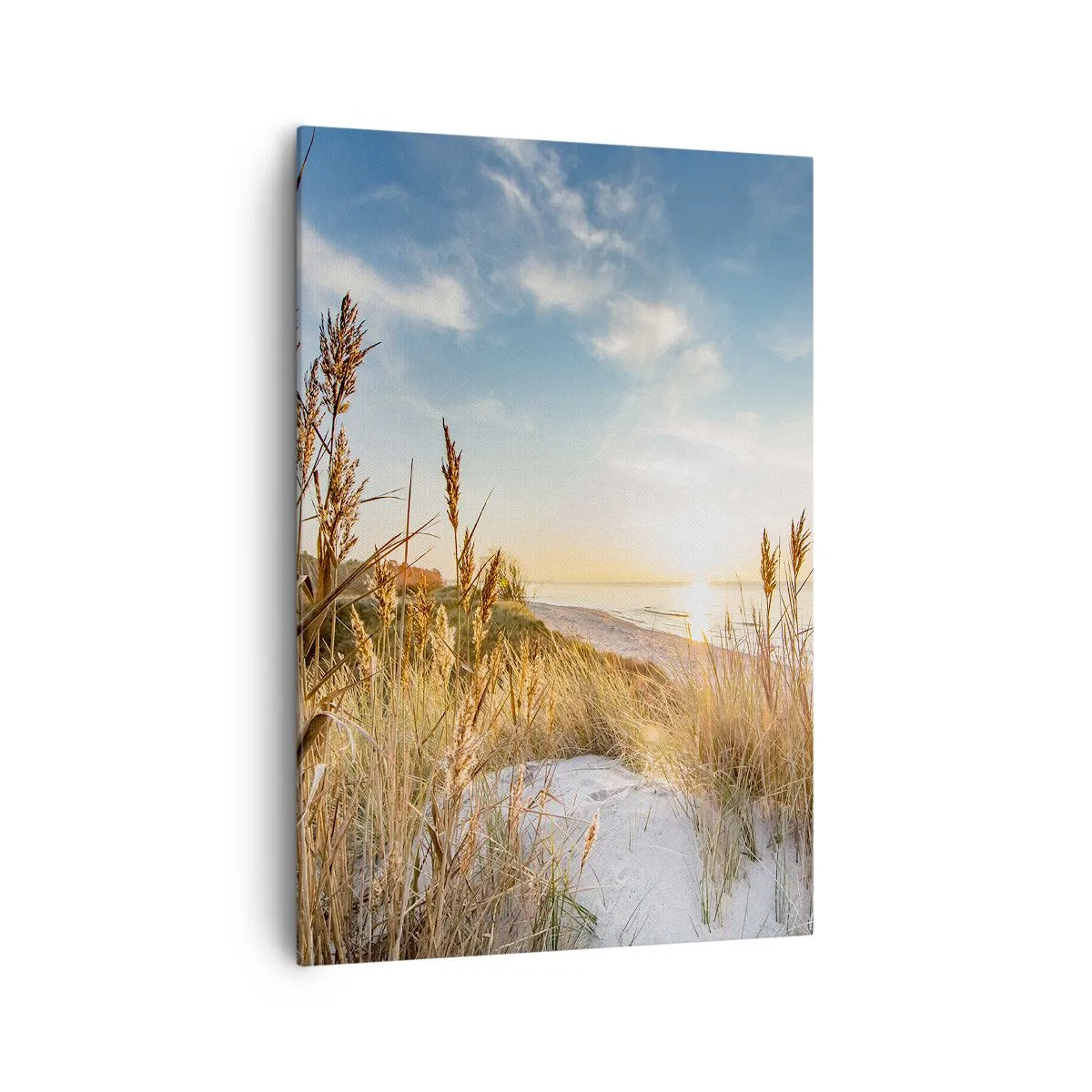 Bild auf Leinwand - Leinwandbild - Ein malerischer Strand mit Gras und untergehender Sonne - 70x100cm - Nordstrand - Moderne Wanddekoration für Wohnzimmer und Schlafzimmer ARTTOR