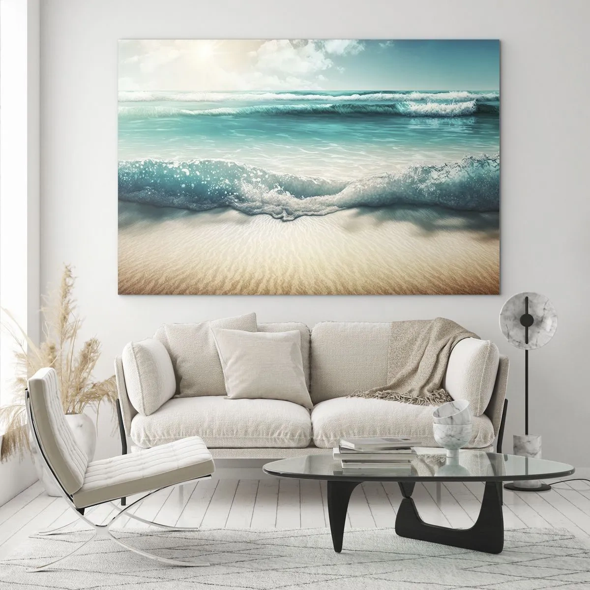Glasbild - Bild auf glas - Türkisfarbene Meereswellen plätschern gegen einen Sandstrand - 70x50cm - Frieden des Ozeans - Moderne Wanddekoration für Wohnzimmer und Schlafzimmer ARTTOR