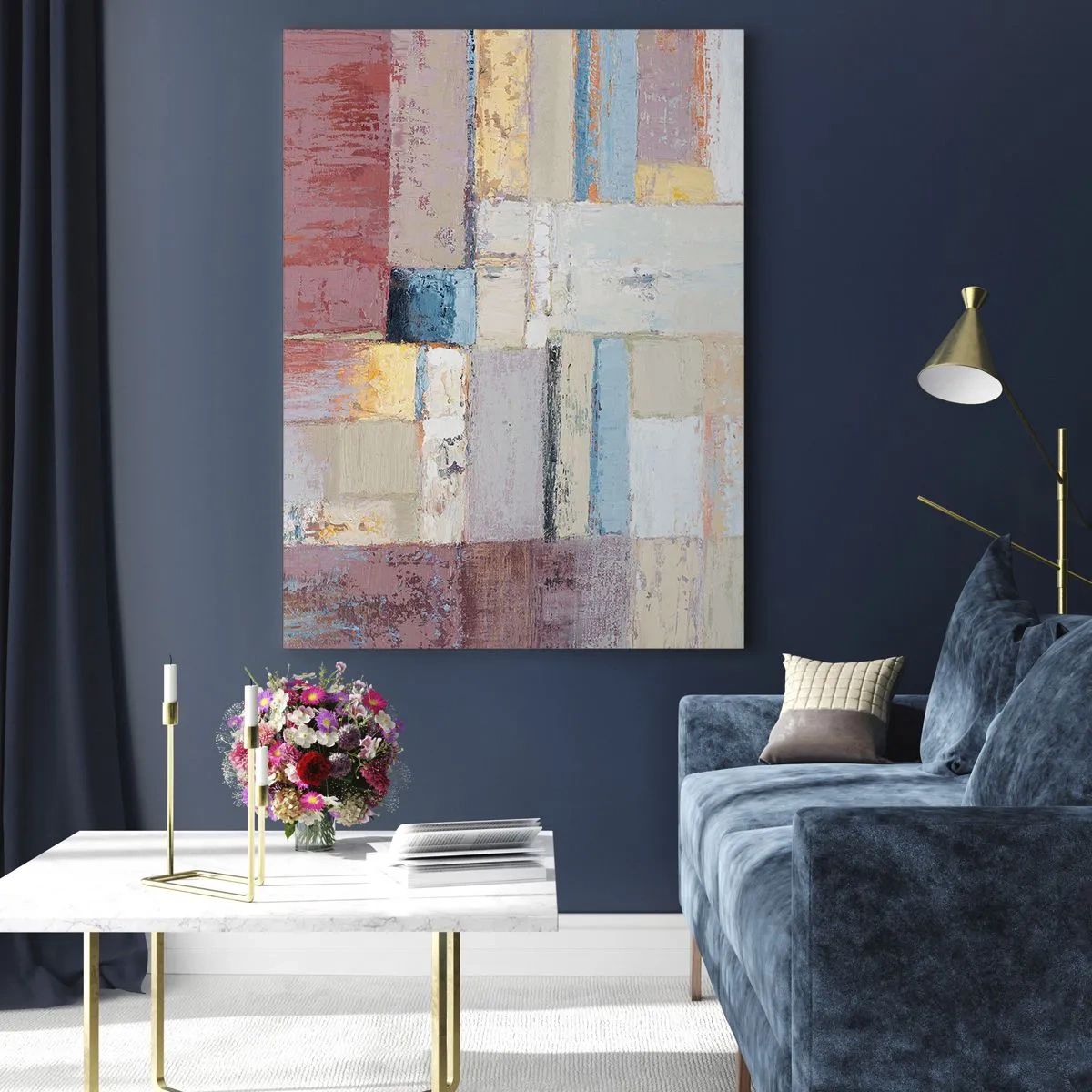 Glasbild - Bild auf glas - Abstrakte geometrische Komposition in Pastellfarben - 50x70cm - Ruhe der Geometrie - Moderne Wanddekoration für Wohnzimmer und Schlafzimmer ARTTOR