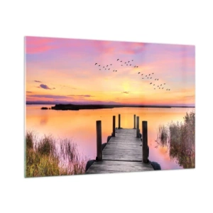 Glasbild - Bild auf glas - Lakeside Pier bei Sonnenuntergang mit Vögeln am Himmel - 100x70cm - Violette stille Morgendämmerung - Moderne Wanddekoration für Wohnzimmer und Schlafzimmer ARTTOR