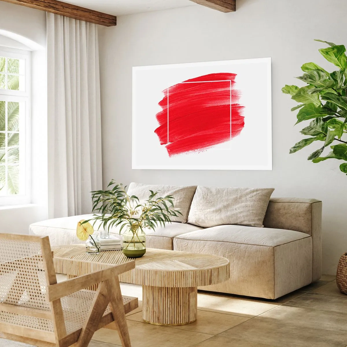 Poster - Roter Pinselstrich mit weißem Rand - 100x70cm - Aus dem Rahmen - Moderne Wanddekoration für Wohnzimmer und Schlafzimmer ARTTOR