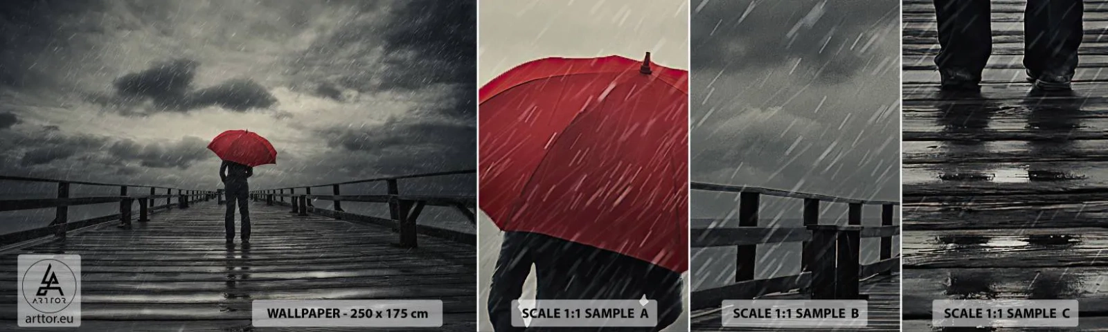 Fototapeten Muster Selbstklebend Deluxe Sticker - Es ist egal, dass es regnet - Holzsteg, Meer, Im Regen spazieren gehen - 100x30 cm