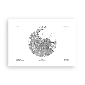 Poster - Eine minimalistische Karte von Doha in Schwarzweiß mit präzisen Details. - 100x70cm - Anatomie von Doha - Moderne Wanddekoration für Wohnzimmer und Schlafzimmer ARTTOR