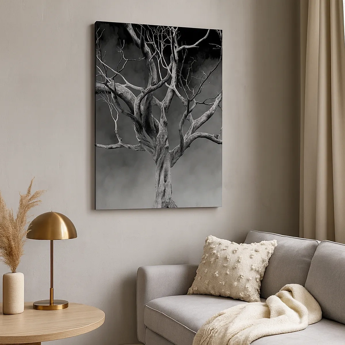 Bild auf Leinwand - Leinwandbild - Ein trockener Baum in Schwarz und Weiß gegen den Nebel - 50x70cm - Ursprünglich und heilig - Moderne Wanddekoration für Wohnzimmer und Schlafzimmer ARTTOR
