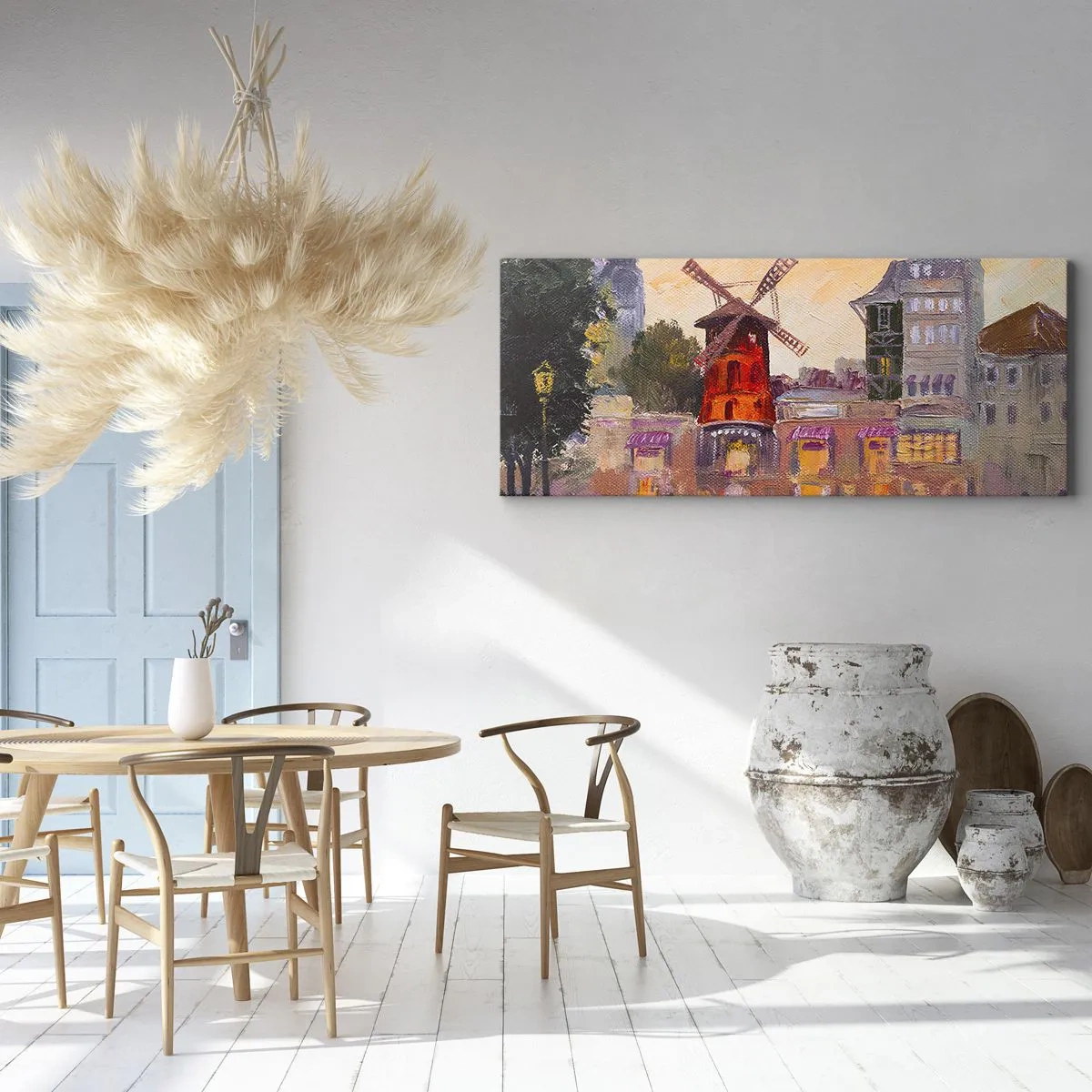 Bild auf Leinwand - Leinwandbild - Die rote Windmühle des Moulin Rouge, umgeben von der Stadtlandschaft - 160x50cm - Pariser Ikonen – Moulin Rouge - Moderne Wanddekoration für Wohnzimmer und Schlafzimmer ARTTOR