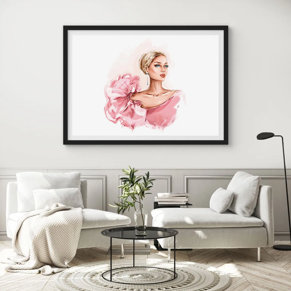 Poster in einem schwarzem Rahmen - Porträt einer Frau in einem rosa Kleid vor hellem Hintergrund - 100x70cm - Wie gemalt ... - Moderne Wanddekoration für Wohnzimmer und Schlafzimmer ARTTOR