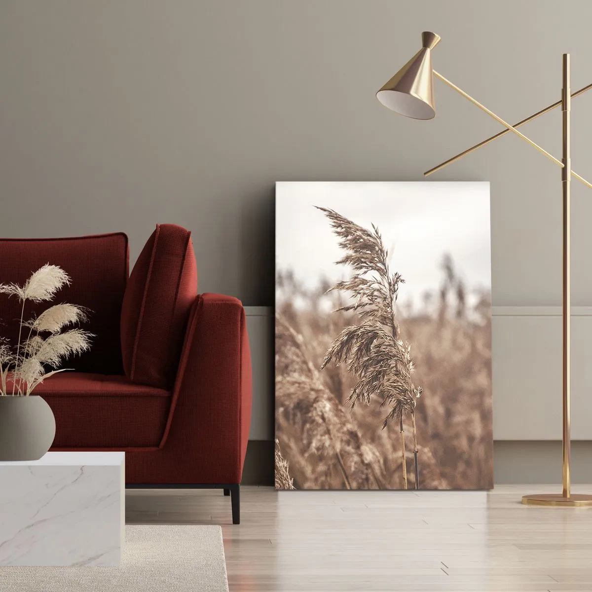 Bild auf Leinwand - Leinwandbild - Goldene Gräser vor dem Hintergrund der Herbstlandschaft - 50x70cm - Auf den Feldern ist es schon Herbst - Moderne Wanddekoration für Wohnzimmer und Schlafzimmer ARTTOR