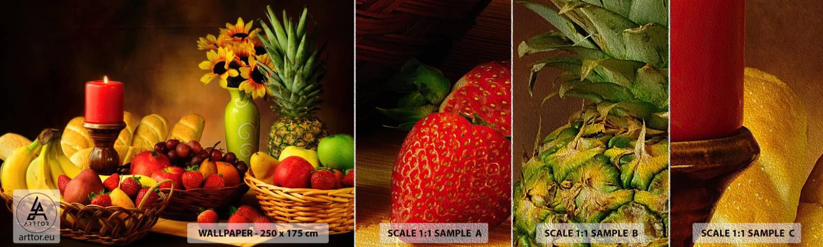 Fototapeten Muster Premium Sand - Stillleben mit Brot und Obst - Gastronomie, Blumen, Obst - 100x30 cm