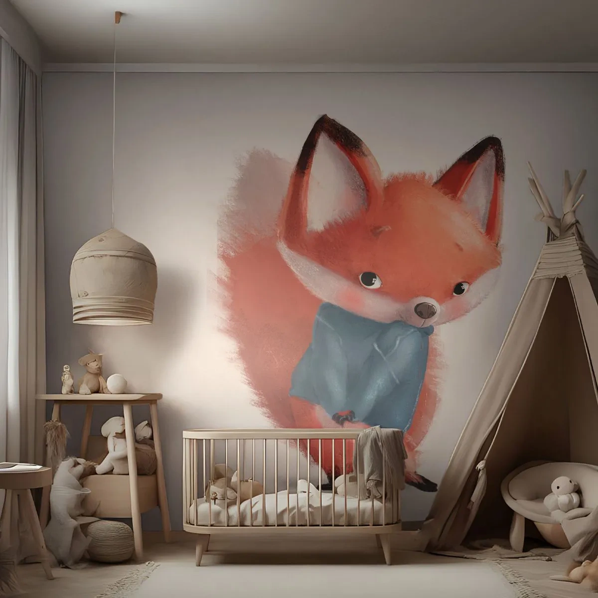 Fototapete Premium Sand - Ein süßer Ingwerfuchs in einem blauen Pullover auf weißem Hintergrund - 100x70cm - Steht mir das gut? - Moderne Wanddekoration für Wohnzimmer und Schlafzimmer ARTTOR