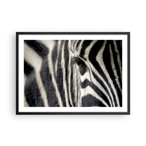 Poster in einem schwarzem Rahmen - Nahaufnahme eines Zebraauges mit schwarzen und weißen Streifen - 70x50cm - Gestreiftes Porträt - Moderne Wanddekoration für Wohnzimmer und Schlafzimmer ARTTOR