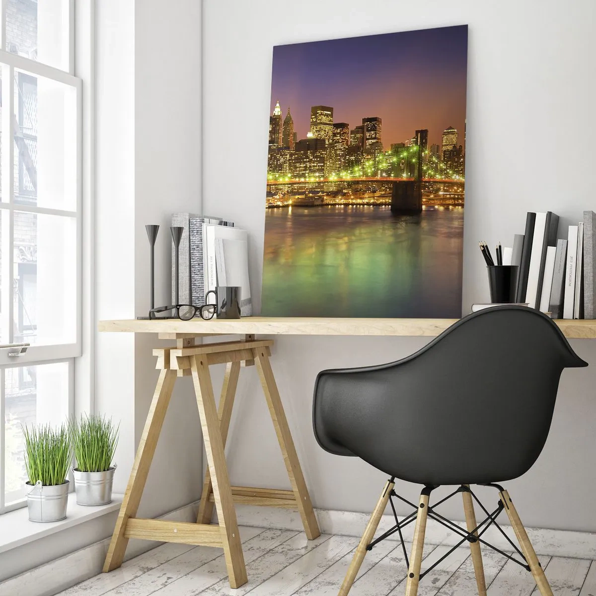 Glasbild - Bild auf glas - Beleuchtete Brücke über den Fluss mit Panoramablick auf die Stadt in der Abenddämmerung - 50x70cm - Hier geht das Licht nie aus - Moderne Wanddekoration für Wohnzimmer und Schlafzimmer ARTTOR