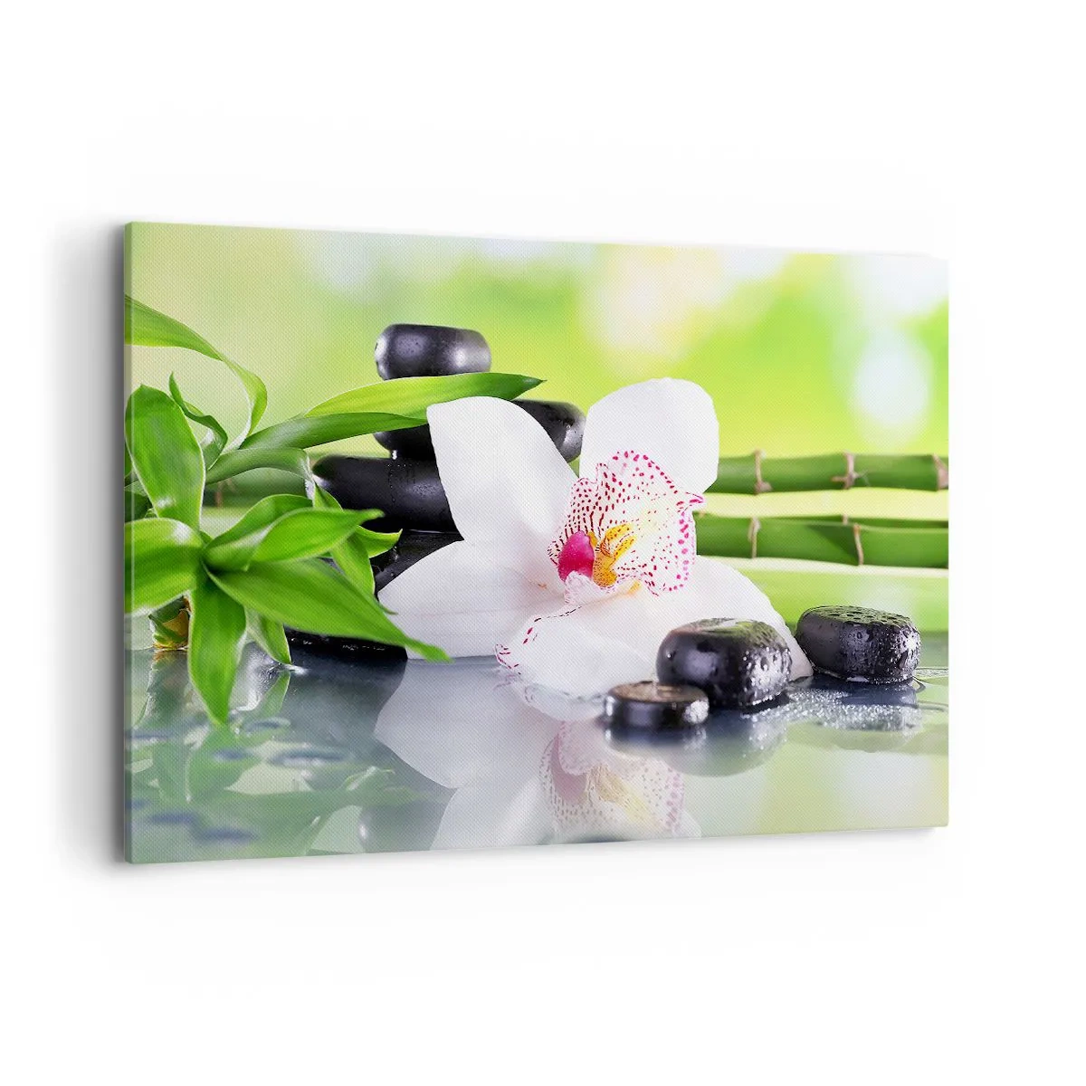 Bild auf Leinwand - Leinwandbild - Orchidee, Steine und Bambus in einer harmonischen Spa-Komposition - 100x70cm - Kühle Frische - Moderne Wanddekoration für Wohnzimmer und Schlafzimmer ARTTOR