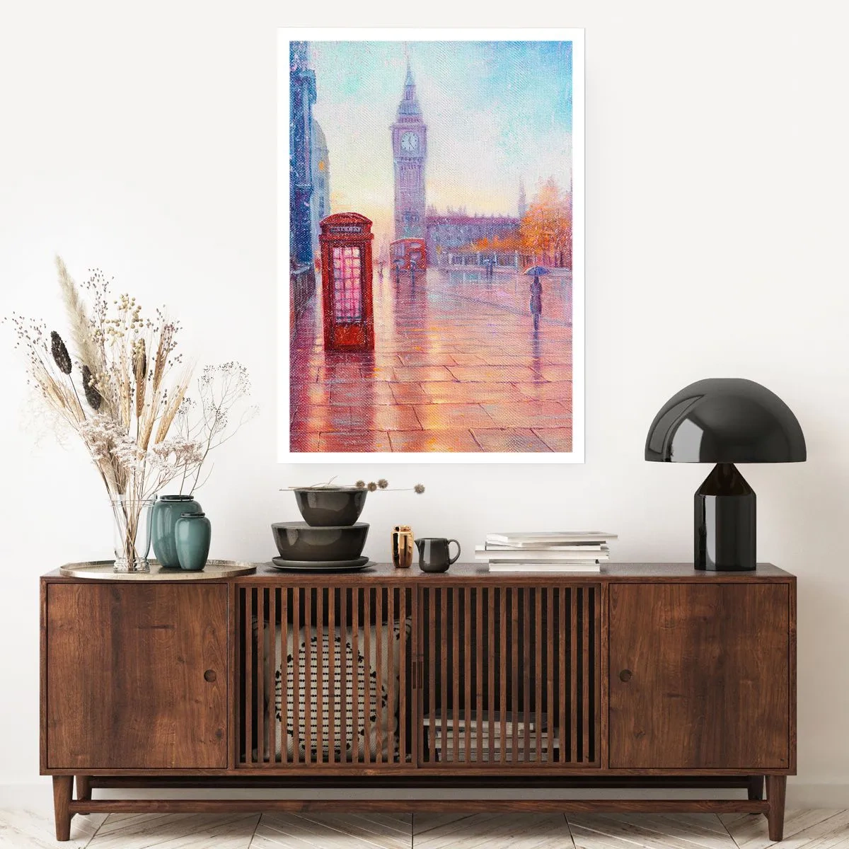 Poster - Big Ben und die rote Telefonzelle an einem regnerischen Tag - 50x70cm - Londoner Herbsttag - Moderne Wanddekoration für Wohnzimmer und Schlafzimmer ARTTOR