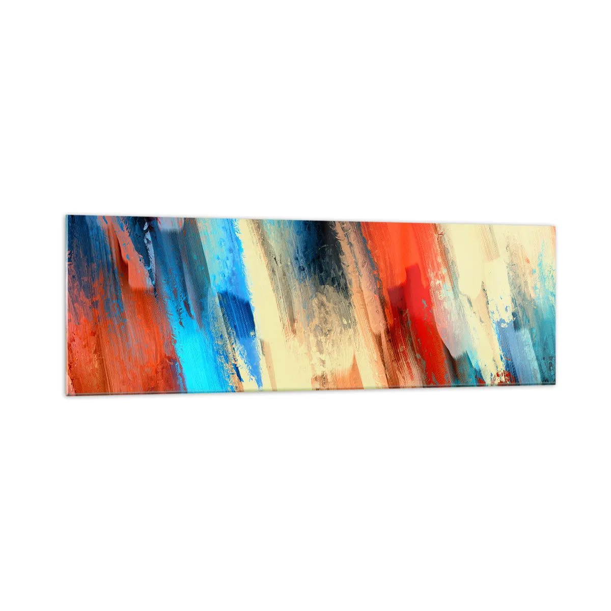 Glasbild - Bild auf glas - Abstrakter Pinselstrich in Blau- und Orangetönen - 160x50cm - Eine Kaskade von Farben - Moderne Wanddekoration für Wohnzimmer und Schlafzimmer ARTTOR