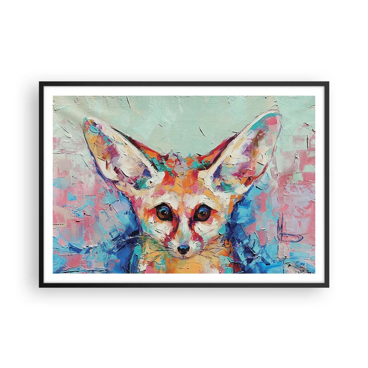 Poster in einem schwarzem Rahmen - Ein farbenfrohes Porträt eines Fenneks im Stil der expressiven Malerei. - 100x70cm - Bist du bereit für mich? - Moderne Wanddekoration für Wohnzimmer und Schlafzimmer ARTTOR