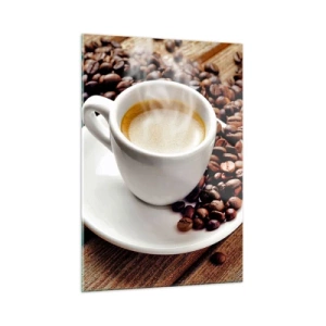 Glasbild - Bild auf glas - Eine Tasse Kaffee, umgeben von Bohnen auf einem Holztisch - 50x70cm - Kaffee auf der Bank - Moderne Wanddekoration für Wohnzimmer und Schlafzimmer ARTTOR