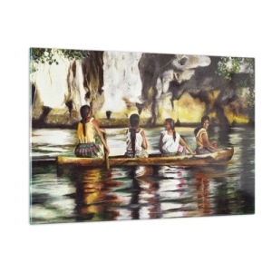 Glasbild - Bild auf glas - Frauen in einem Boot vor der Kulisse malerischer Felsen und Wasser - 120x80cm - In einem polynesischen Paradies - Moderne Wanddekoration für Wohnzimmer und Schlafzimmer ARTTOR
