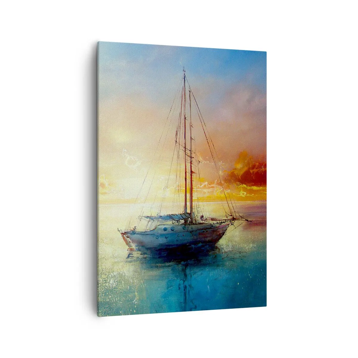 Bild auf Leinwand - Leinwandbild - Eine Yacht auf ruhigem Meer bei Sonnenuntergang - 70x100cm - In einer goldenen Bucht - Moderne Wanddekoration für Wohnzimmer und Schlafzimmer ARTTOR