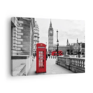 Bild auf Leinwand - Leinwandbild - Eine rote Telefonzelle mit Big Ben im Hintergrund in London - 70x50cm - London, ohne Zweifel - Moderne Wanddekoration für Wohnzimmer und Schlafzimmer ARTTOR