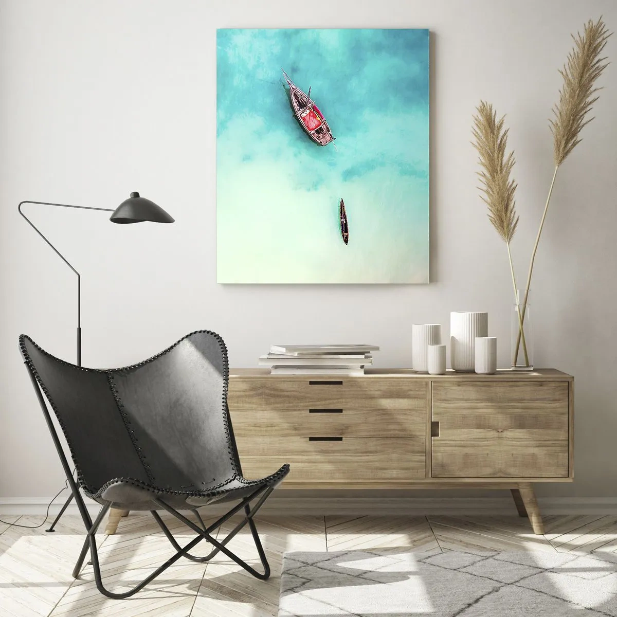 Glasbild - Bild auf glas - Boote auf azurblauem Wasser in friedlicher Umgebung - 50x70cm - Denn an den Stränden von Sansibar, wenn der Wasserüberschuss ... - Moderne Wanddekoration für Wohnzimmer und Schlafzimmer ARTTOR