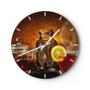 Wanduhr - Glasuhr - Tee mit Zitrone und einem Glas getrockneter Kräuter auf goldenem Hintergrund - 30x30cm - Im Stil der niederländischen Meister - Moderne Wanddekoration für Wohnzimmer, Küche und Schlafzimmer ARTTOR