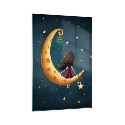 Glasbild - Bild auf glas - Ein Mädchen auf dem Mond, umgeben von Sternen - 70x100cm - Einmal… - Moderne Wanddekoration für Wohnzimmer und Schlafzimmer ARTTOR