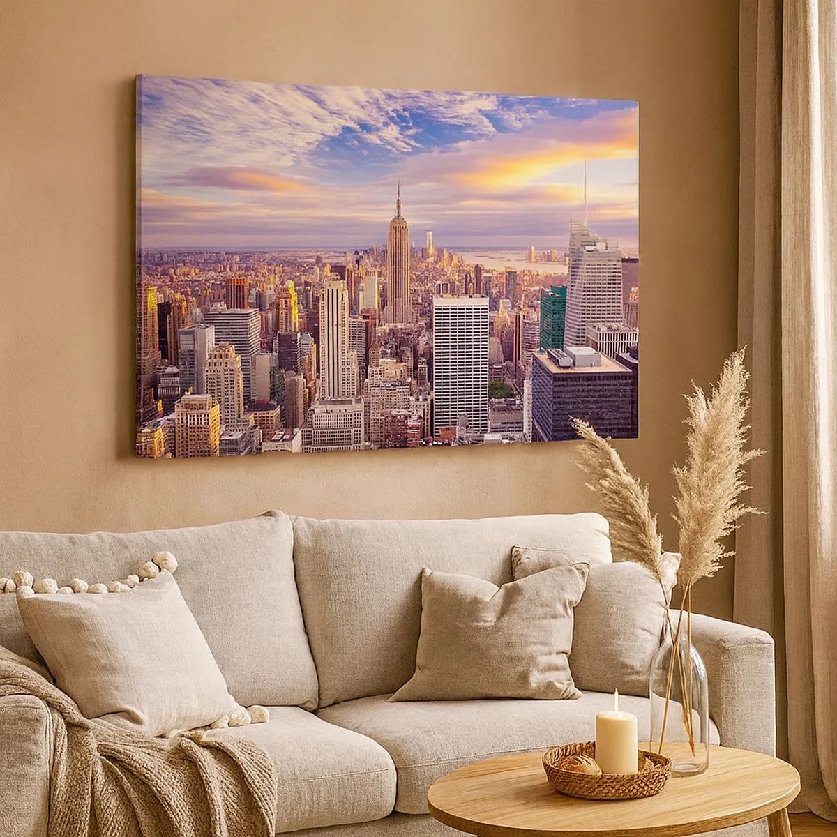 Bild auf Leinwand - Leinwandbild - Panorama einer modernen Stadt mit Wolkenkratzern bei Sonnenuntergang - 70x50cm - Nur nach den Wolken greifen - Moderne Wanddekoration für Wohnzimmer und Schlafzimmer ARTTOR