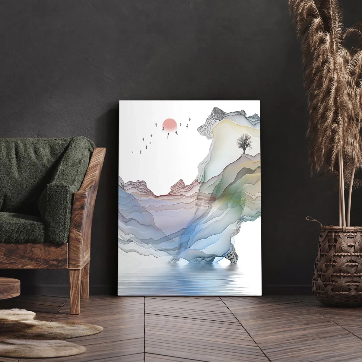 Bild auf Leinwand - Leinwandbild - Eine subtile Landschaft mit Bergen, Wasser und einem Boot - 50x70cm - Zu den Kristallbergen - Moderne Wanddekoration für Wohnzimmer und Schlafzimmer ARTTOR