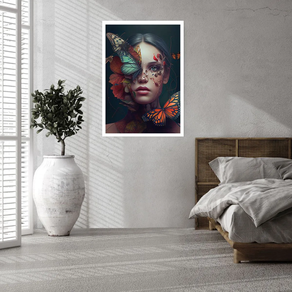 Poster - Porträt einer Frau mit Schmetterlingen und Blättern - 50x70cm - Wunderbare Metamorphose - Moderne Wanddekoration für Wohnzimmer und Schlafzimmer ARTTOR