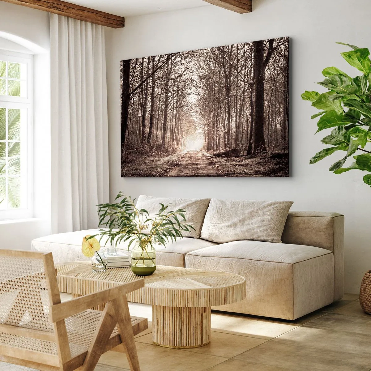 Bild auf Leinwand - Leinwandbild - Ein Waldweg zwischen sepiafarbenen Bäumen - 120x80cm - Waldkathedrale - Moderne Wanddekoration für Wohnzimmer und Schlafzimmer ARTTOR