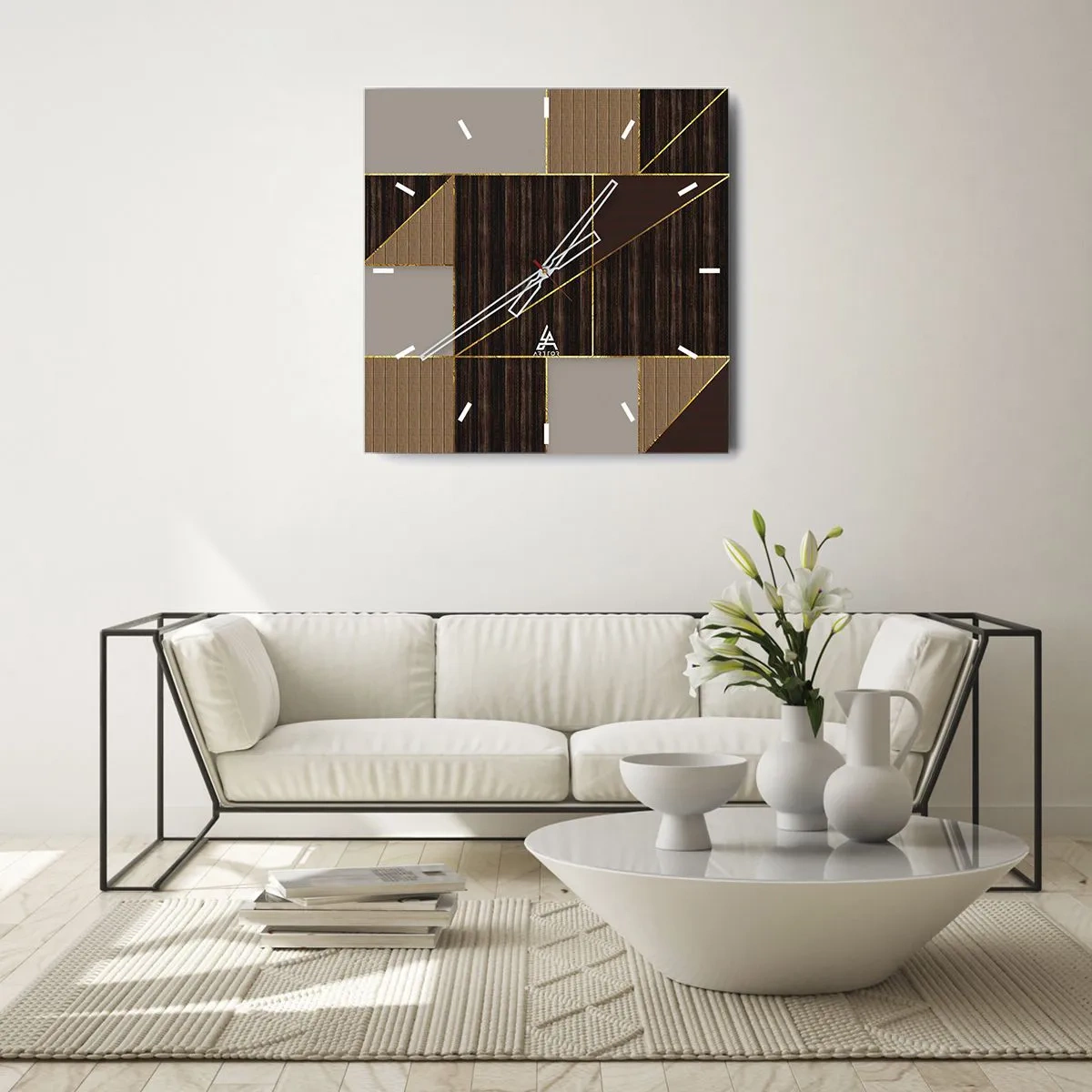 Wanduhr - Glasuhr - Geometrische Muster in Brauntönen mit goldenen Linien - 30x30cm - Ein Mosaik aus Braun und Gold - Moderne Wanddekoration für Wohnzimmer und Schlafzimmer ARTTOR