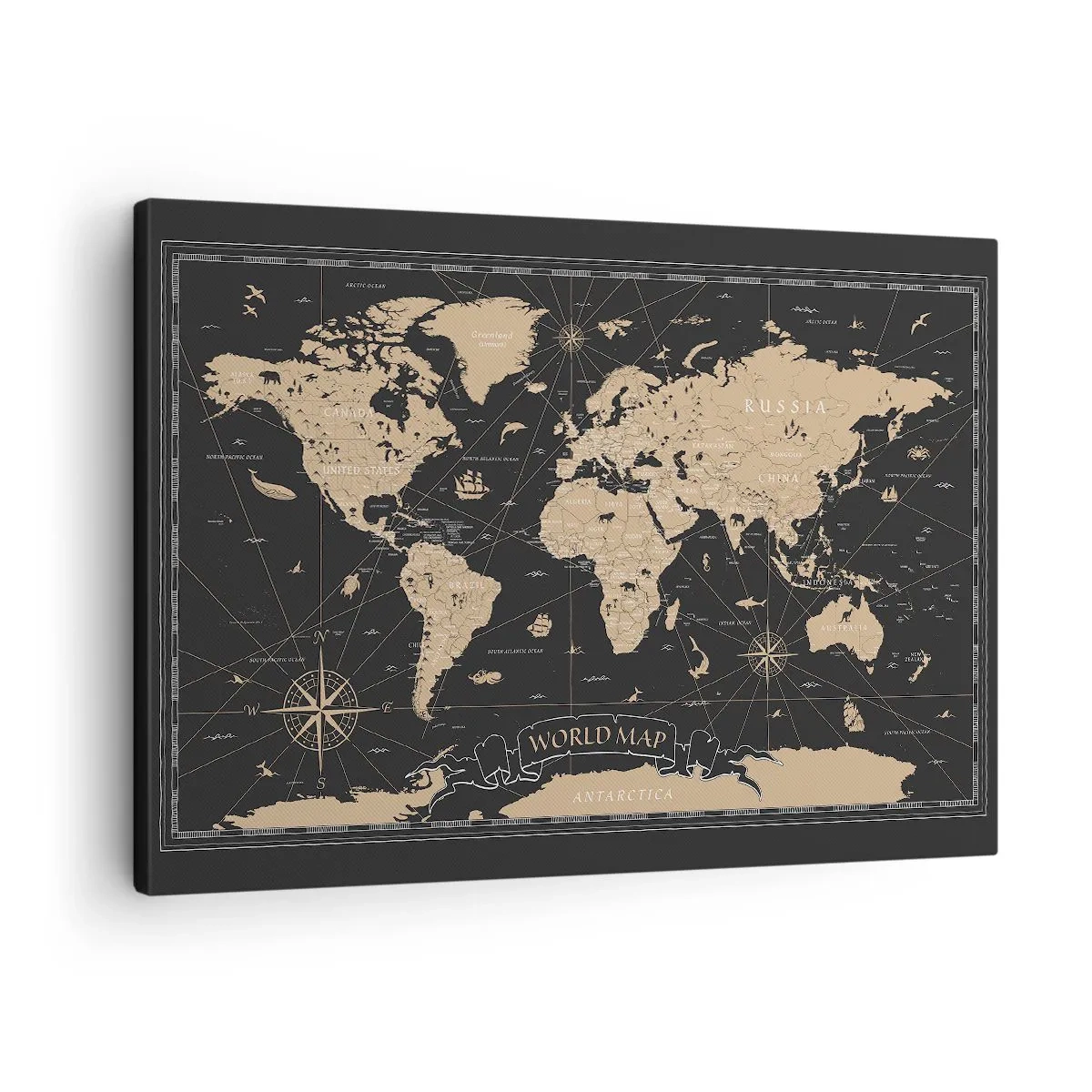 Bild auf Leinwand - Leinwandbild - Eine stilisierte Weltkarte auf schwarzem Hintergrund mit beigen Akzenten. - 70x50cm - Die Grenzen meiner Welt - Moderne Wanddekoration für Wohnzimmer und Schlafzimmer ARTTOR