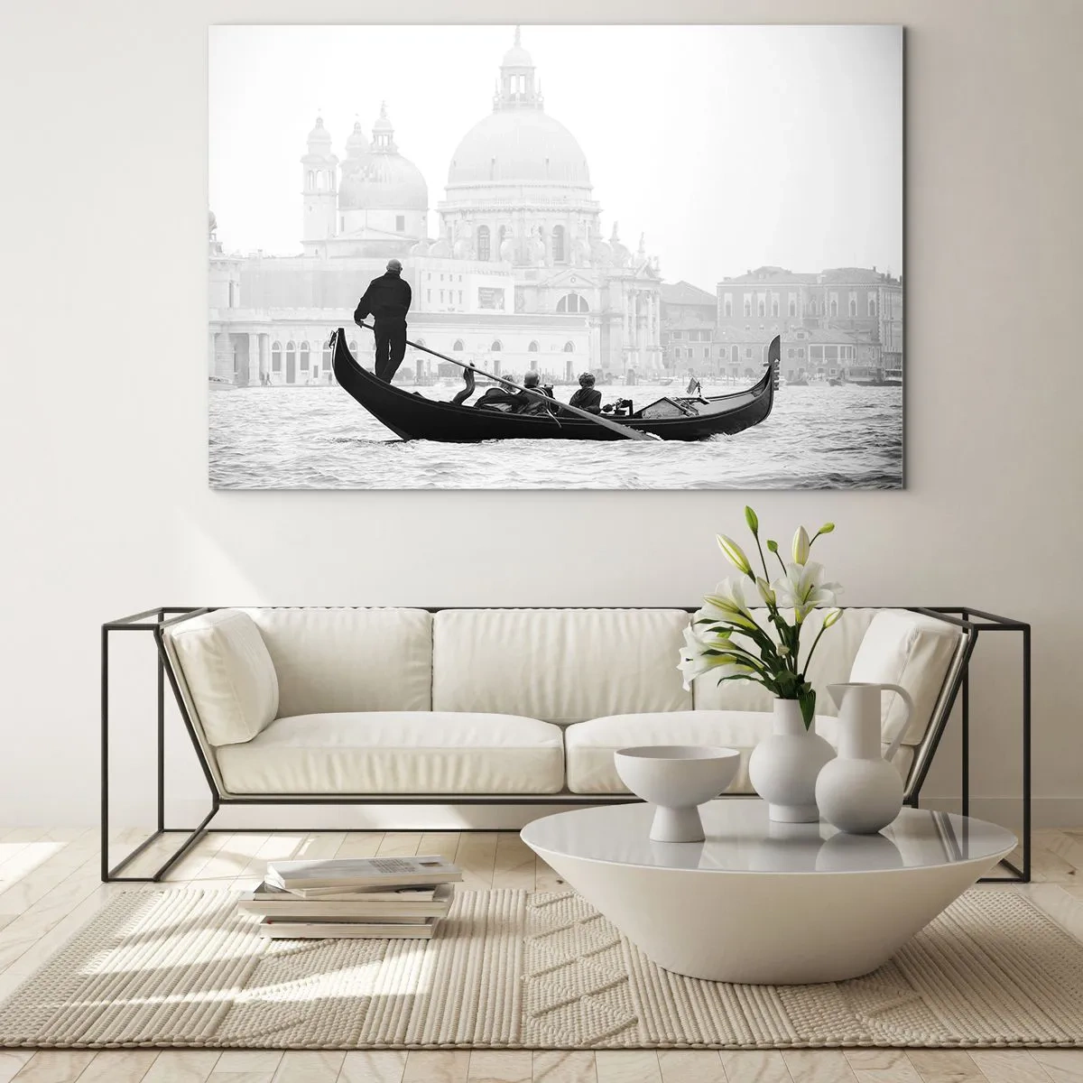Glasbild - Bild auf glas - Eine schwarz-weiße Gondel vor der Kulisse von Venedig - 120x80cm - Reise zu den Quellen der Schönheit - Moderne Wanddekoration für Wohnzimmer und Schlafzimmer ARTTOR