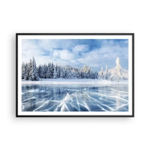 Poster in einem schwarzem Rahmen - Ein zugefrorener See, umgeben von einem schneebedeckten Wald - 100x70cm - Eine schillernde und kristallklare Aussicht - Moderne Wanddekoration für Wohnzimmer und Schlafzimmer ARTTOR