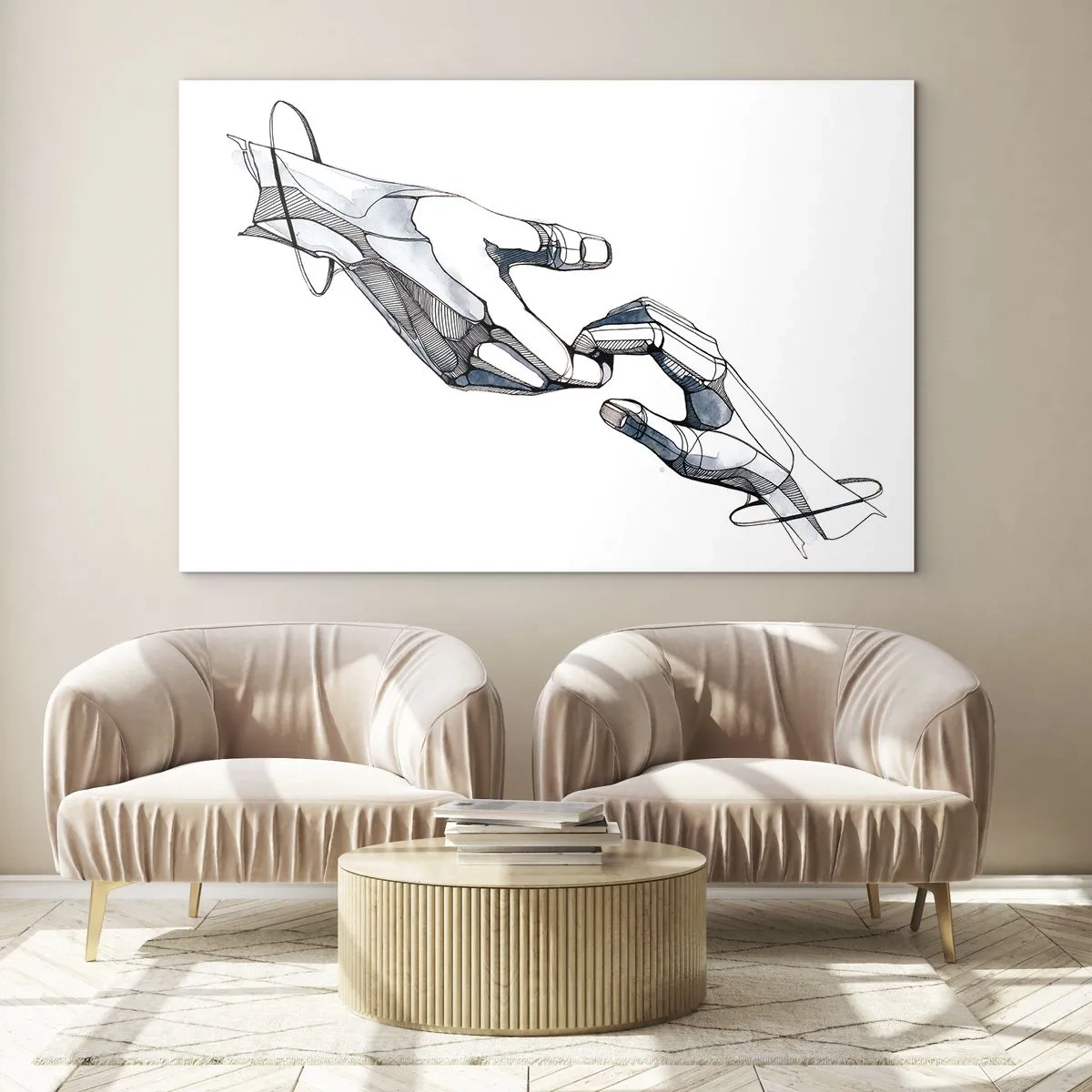 Glasbild - Bild auf glas - Künstlerische Darstellung zweier Hände im abstrakten Stil - 120x80cm - Eine gute Geste - Moderne Wanddekoration für Wohnzimmer und Schlafzimmer ARTTOR