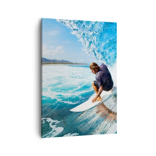 Bild auf Leinwand - Leinwandbild - Ein Surfer in dynamischer Pose auf einer Welle im türkisfarbenen Wasser. - 50x70cm - Tanzen mit den Wellen - Moderne Wanddekoration für Wohnzimmer und Schlafzimmer ARTTOR
