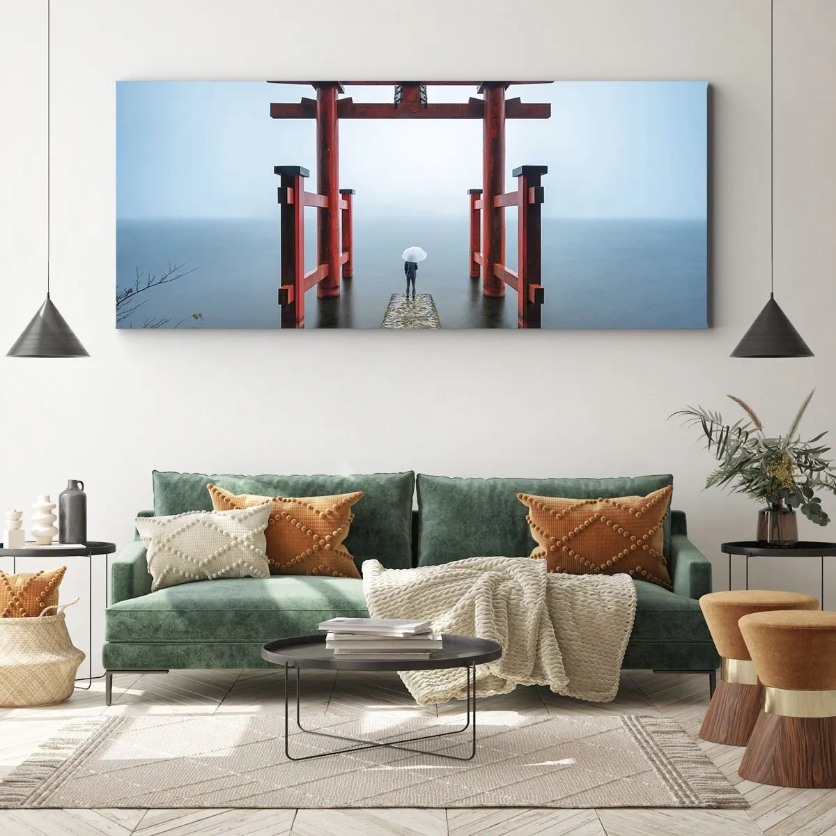 Bild auf Leinwand - Leinwandbild - Ein Torii-Tor mit Blick auf einen ruhigen See in Japan - 140x50cm - Japanische Träumerei - Moderne Wanddekoration für Wohnzimmer und Schlafzimmer ARTTOR
