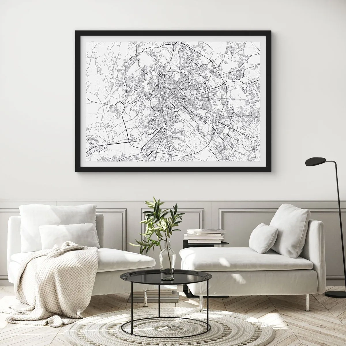 Poster in einem schwarzem Rahmen - Ein Stadtplan im minimalistischen Stil mit zarten Linien - 70x50cm - Römischer Kreis - Moderne Wanddekoration für Wohnzimmer und Schlafzimmer ARTTOR