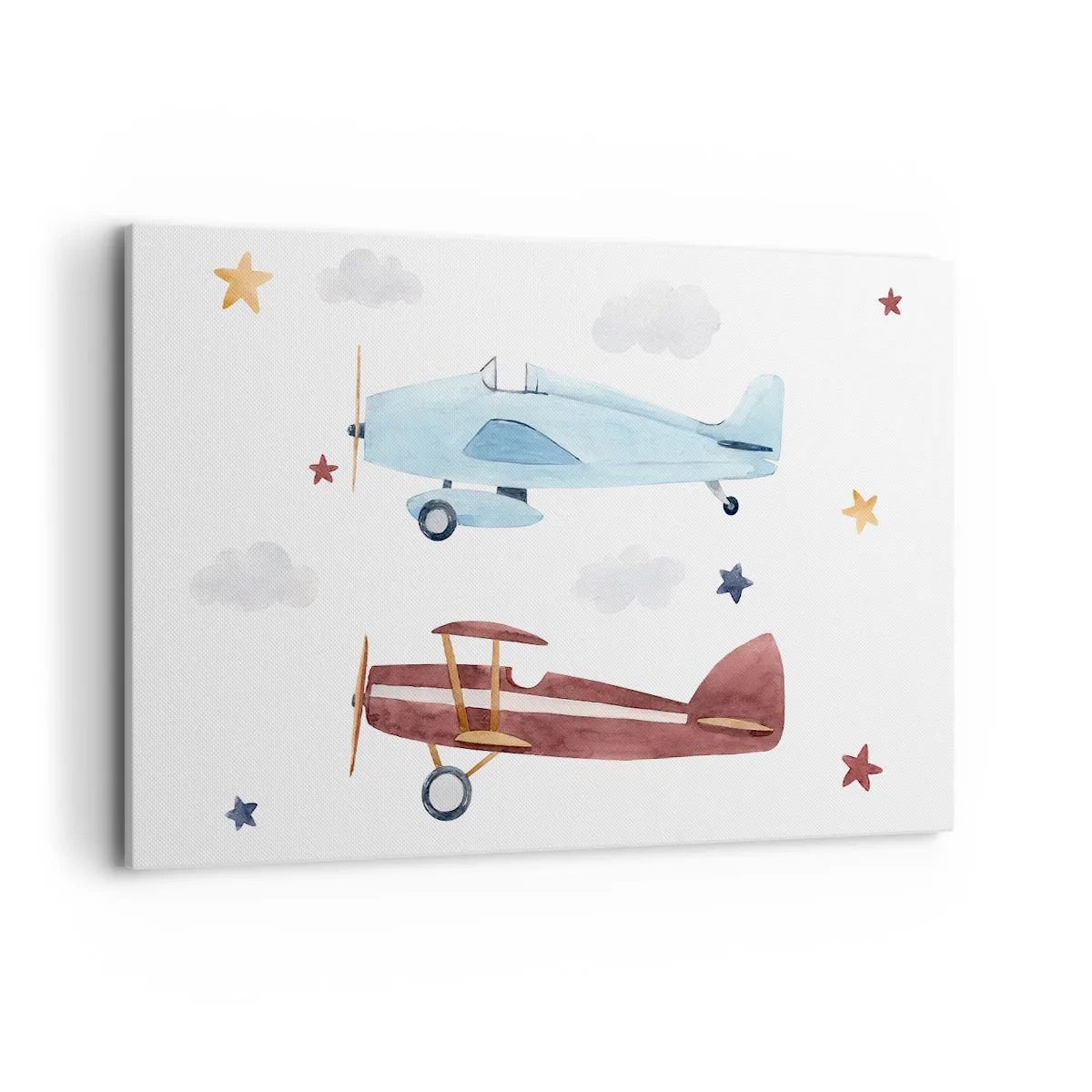 Bild auf Leinwand - Leinwandbild - Handbemalte Flugzeuge vor einem Hintergrund aus Wolken und Sternen - 120x80cm - Wir warten, Herr Pilot! - Moderne Wanddekoration für Wohnzimmer und Schlafzimmer ARTTOR