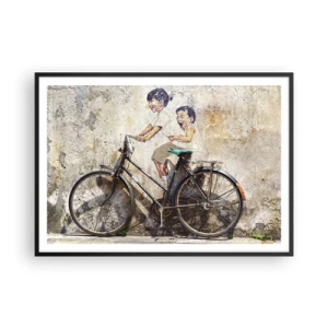 Poster in einem schwarzem Rahmen - Streetart mit Fahrrad und Kinderzeichnungen an der Wand - 100x70cm - Richtig oder falsch? - Moderne Wanddekoration für Wohnzimmer und Schlafzimmer ARTTOR