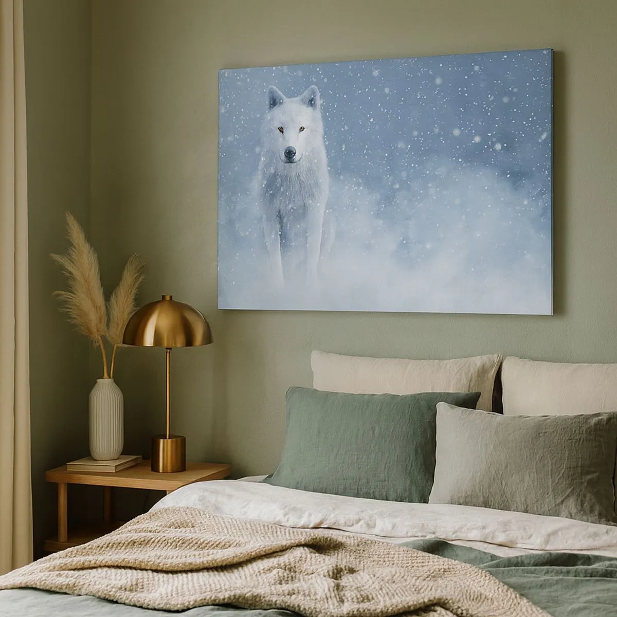 Bild auf Leinwand - Leinwandbild - Weißer Wolf in einer verschneiten Landschaft - 70x50cm - In Winterstimmung - Moderne Wanddekoration für Wohnzimmer und Schlafzimmer ARTTOR
