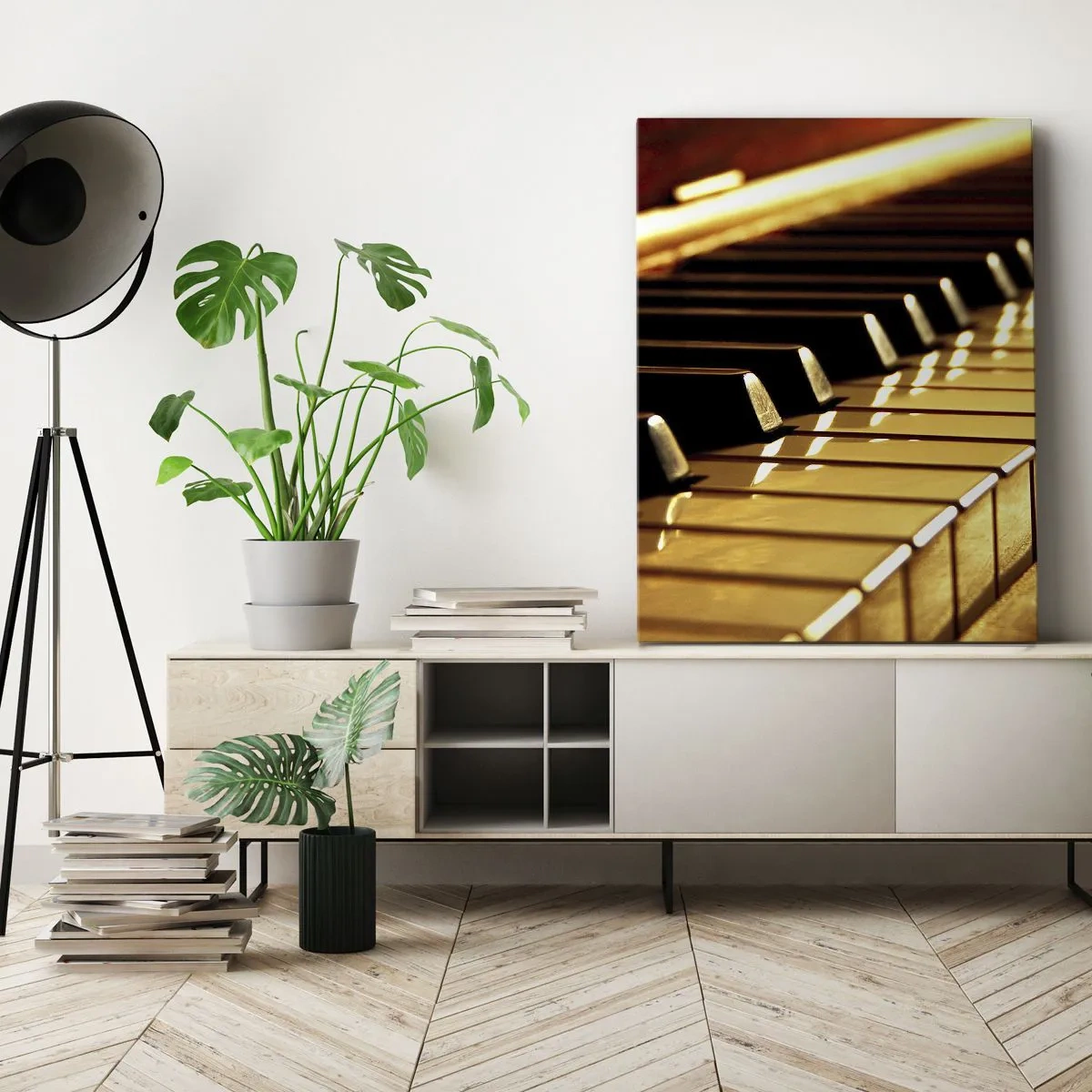 Bild auf Leinwand - Leinwandbild - Klaviertastatur in goldener Beleuchtung - 70x100cm - Endlose Möglichkeiten - Moderne Wanddekoration für Wohnzimmer und Schlafzimmer ARTTOR