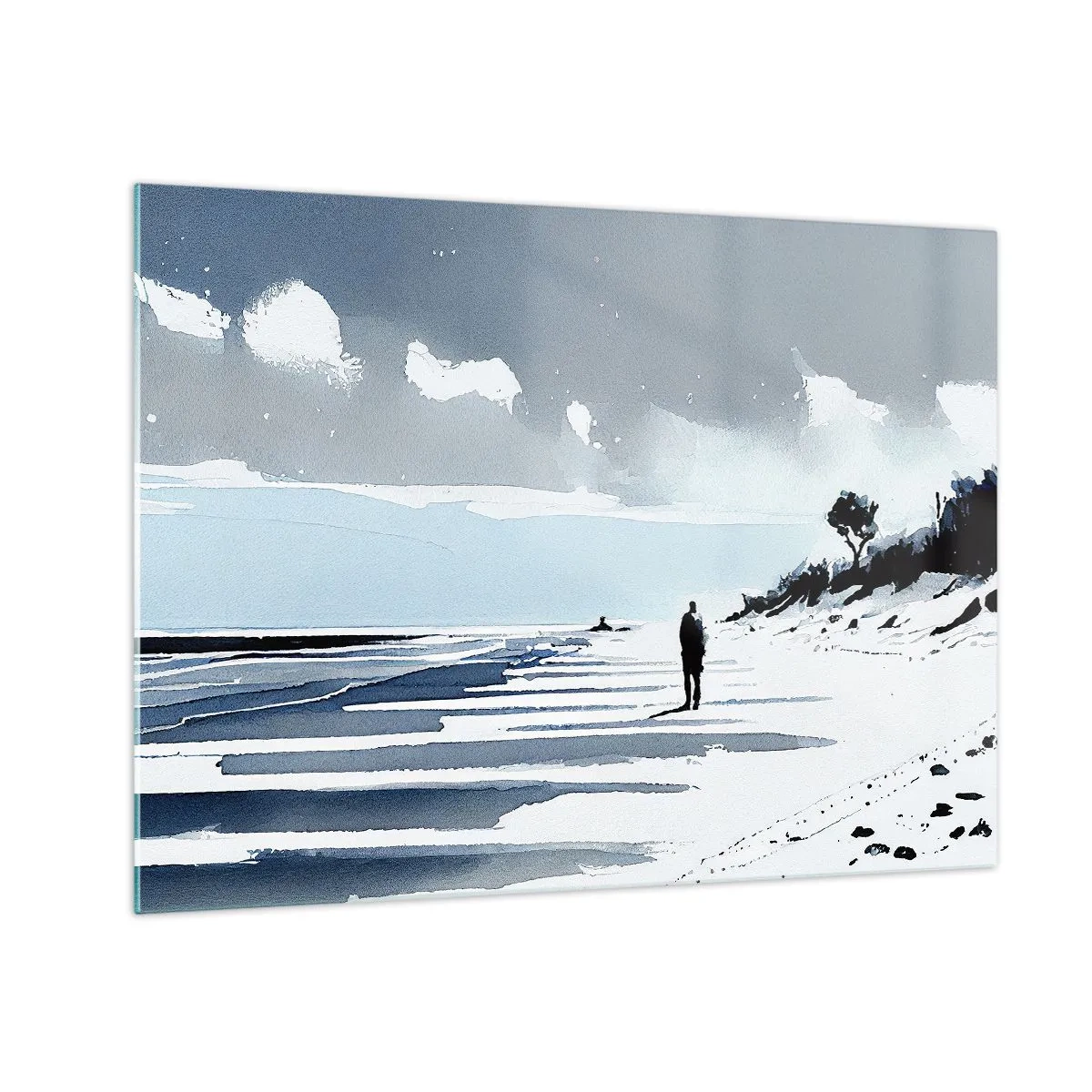Glasbild - Bild auf glas - Silhouette einer einsamen Person, die an einem leeren Strand spazieren geht - 70x50cm - Allein sein - Moderne Wanddekoration für Wohnzimmer und Schlafzimmer ARTTOR